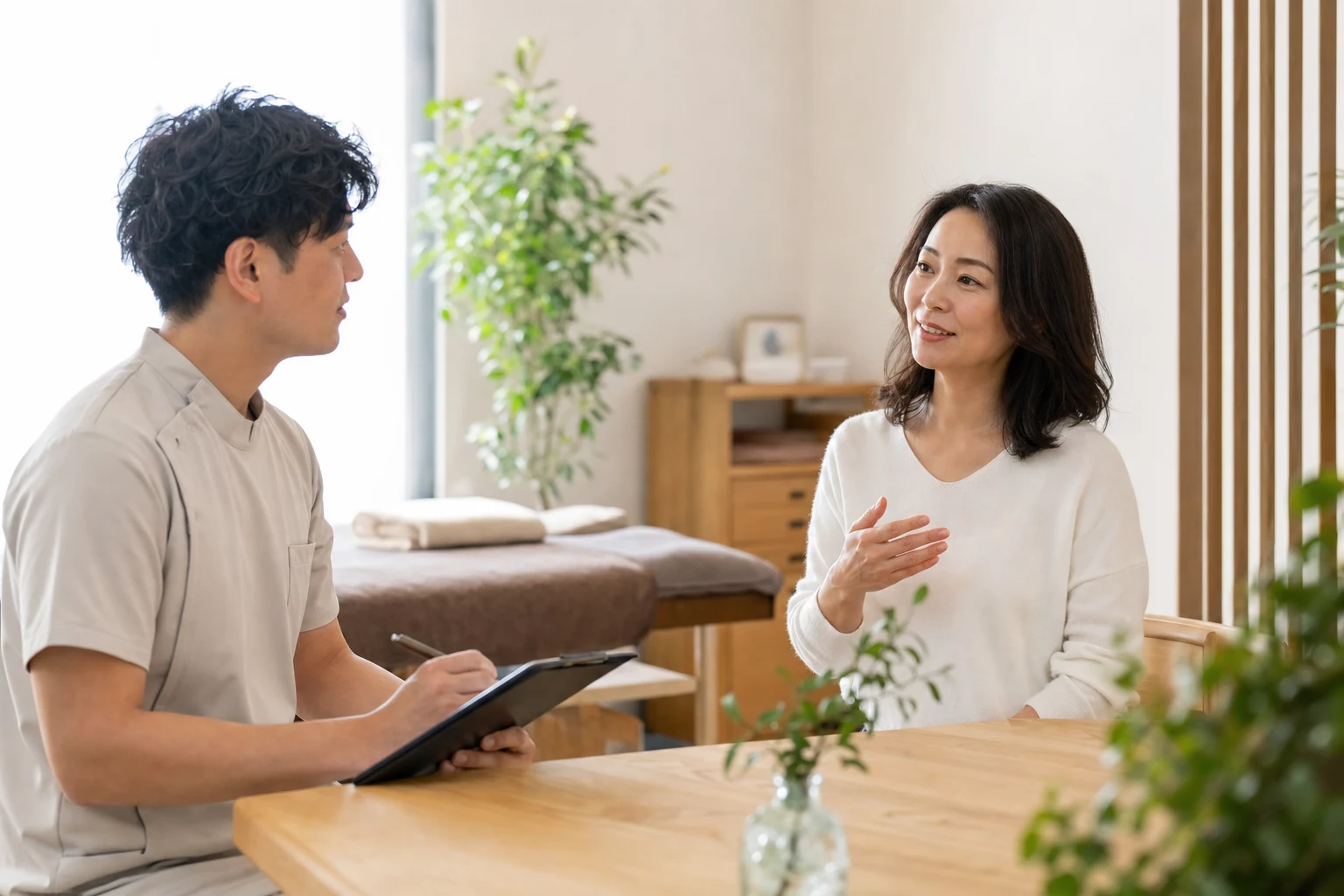 清潔感のある整体院で40代女性がカウンセリングを受けている様子
