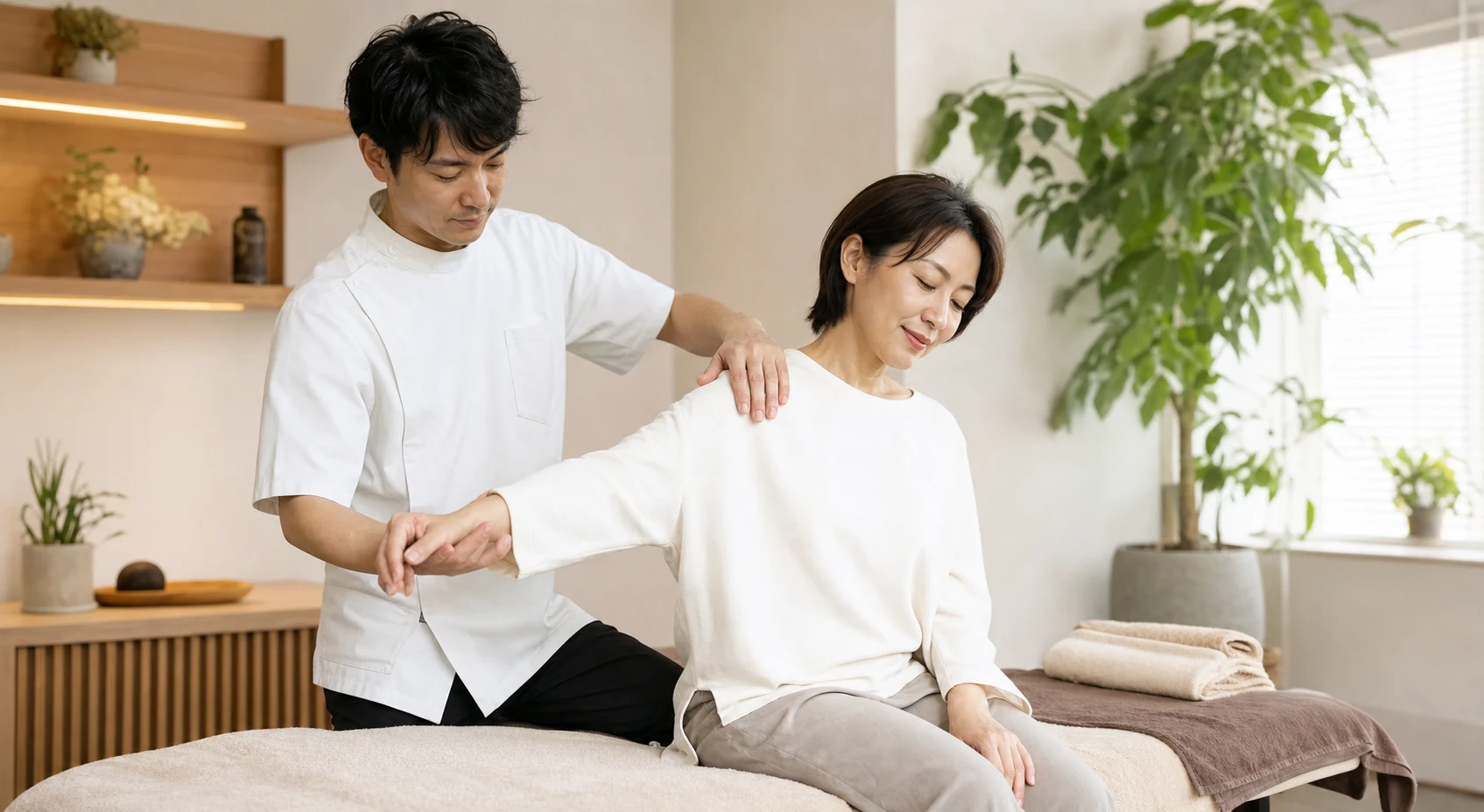 整体院で40代女性が肩まわりの施術を受けている様子